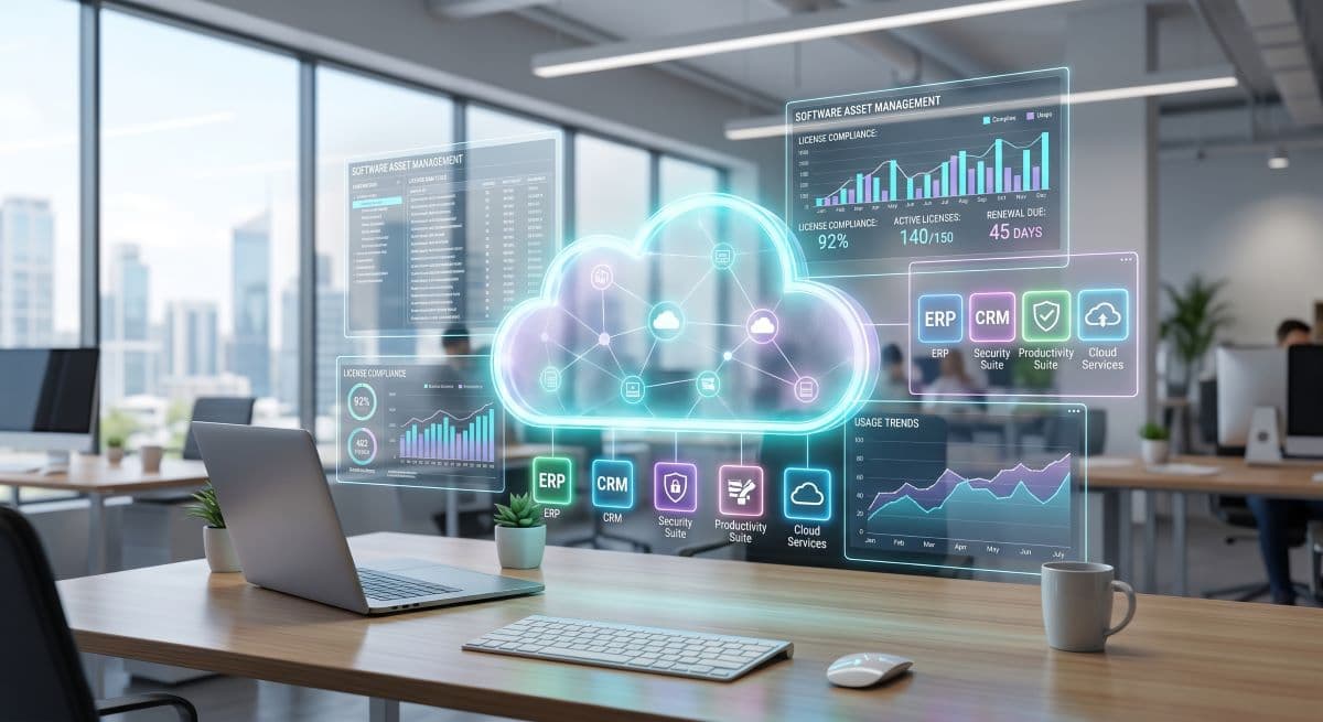 Glowing cloud network interface displaying software licenses and digital assets.