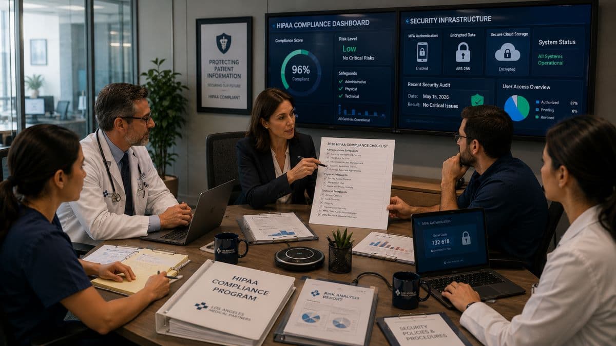 Medical compliance team reviewing HIPAA security checklist
