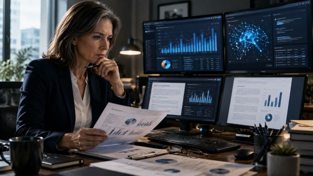 Executive reviewing and verifying AI output