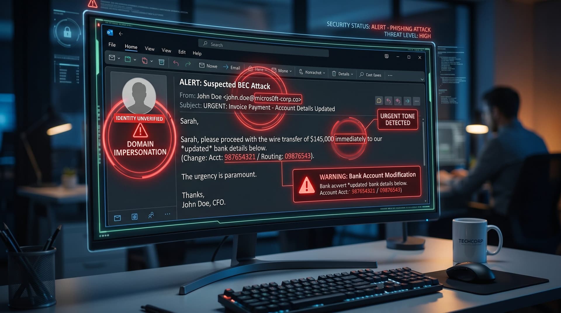 Red warning signs highlighted in a suspicious email