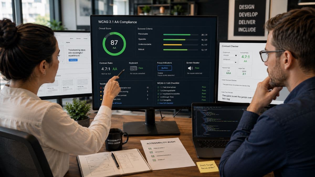Designers analyzing WCAG accessibility compliance dashboard together