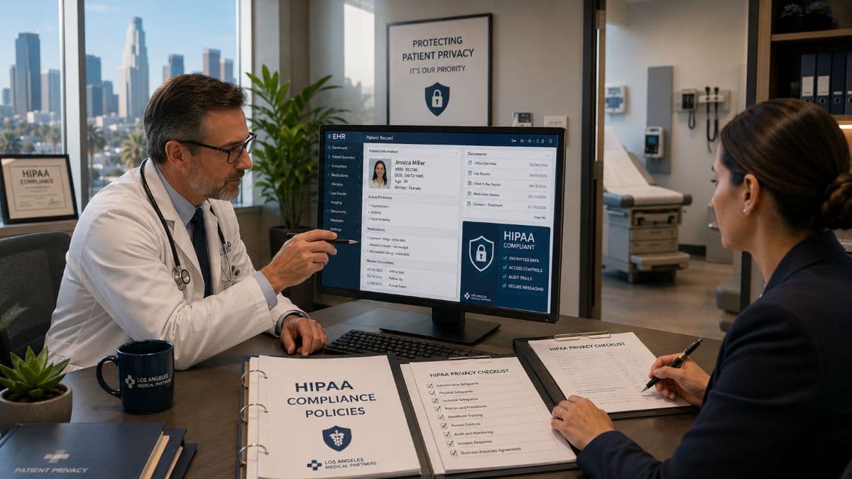 Doctor reviewing HIPAA patient privacy compliance documents