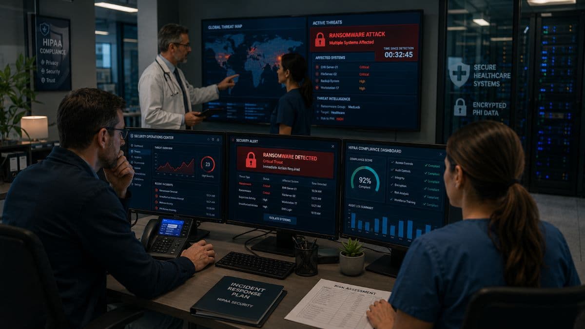 Healthcare cybersecurity team monitoring ransomware security threats