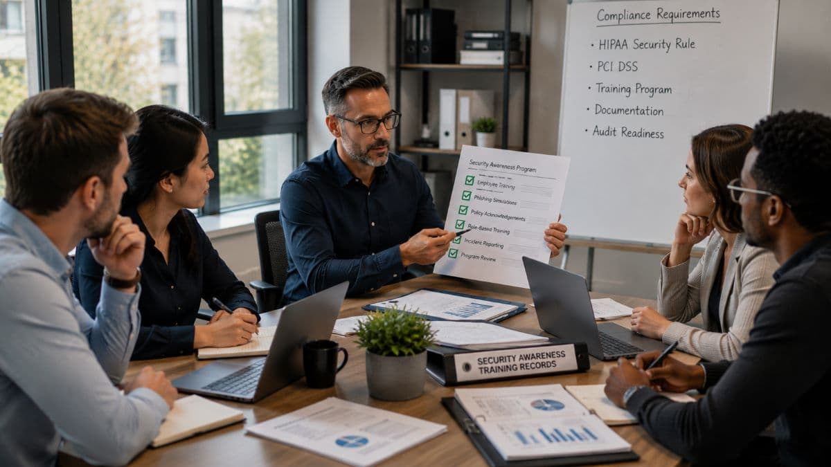 Compliance team reviewing cybersecurity training records