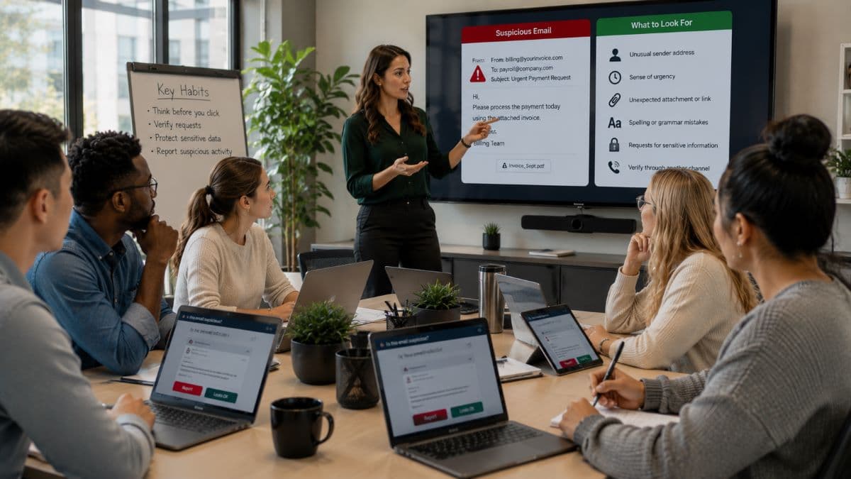 Employees practicing phishing detection during training