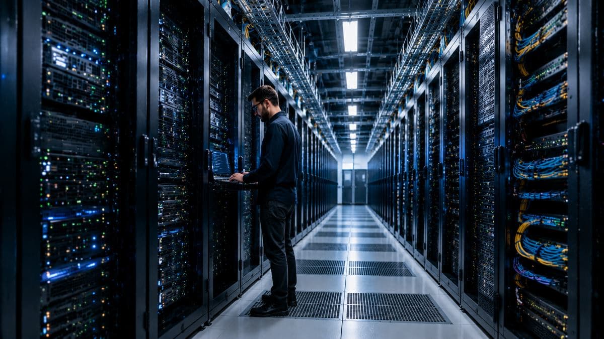 Server racks data center infrastructure aisle view