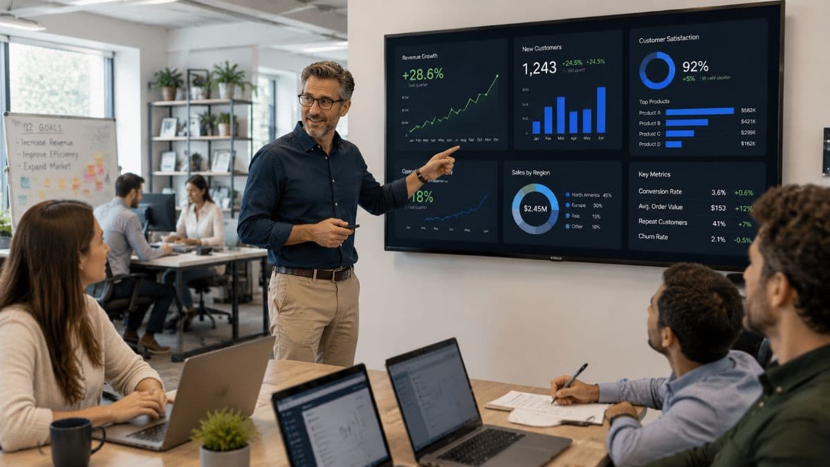 Entrepreneur presenting performance metrics to team