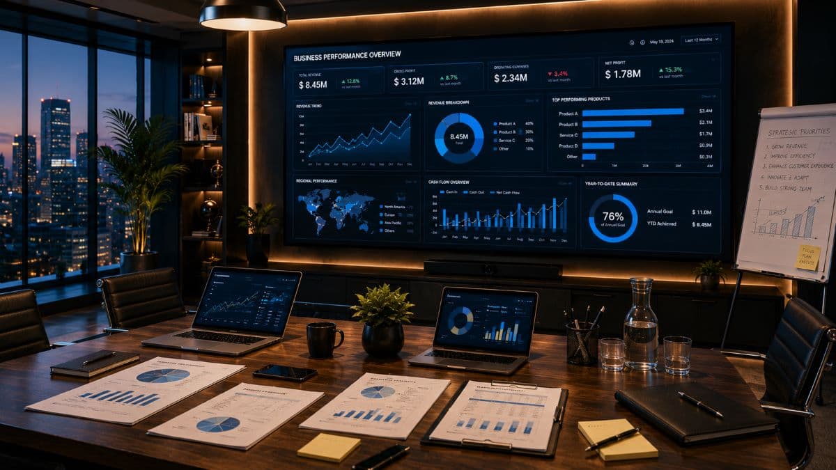 Corporate boardroom with business performance metrics display