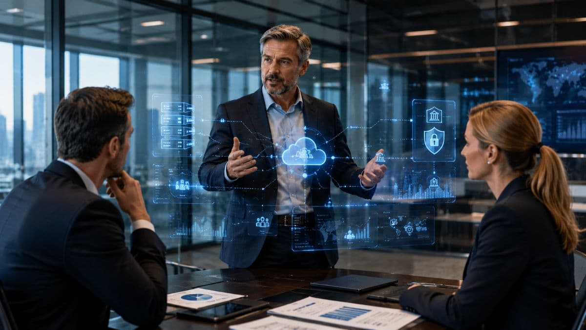 Executive presenting cloud technology holographic display