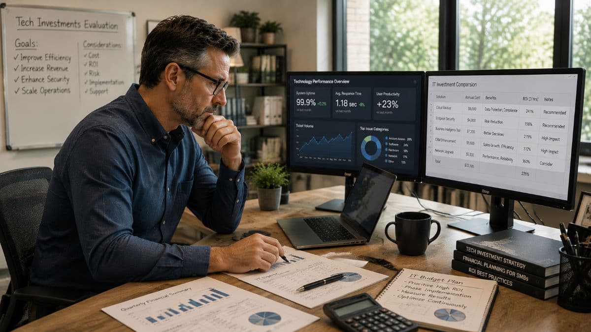 Focused business owner reviewing IT investment