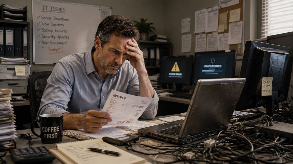 Stressed manager examines cluttered invoices workspace