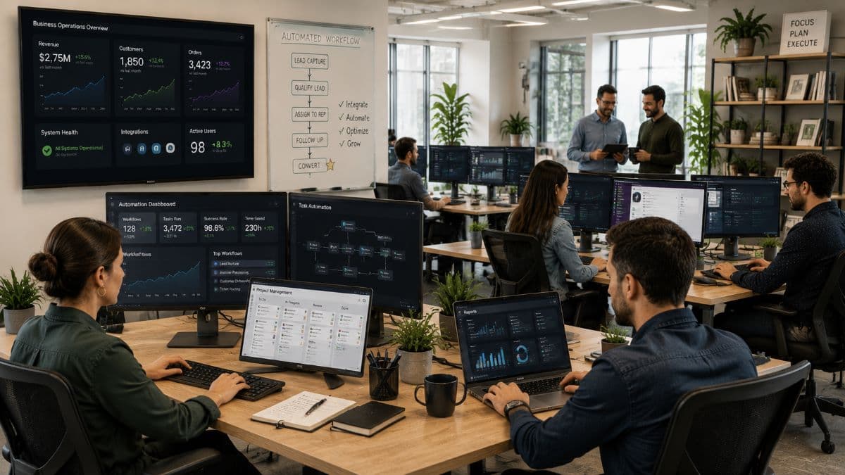 Team working efficiently with digital dashboards