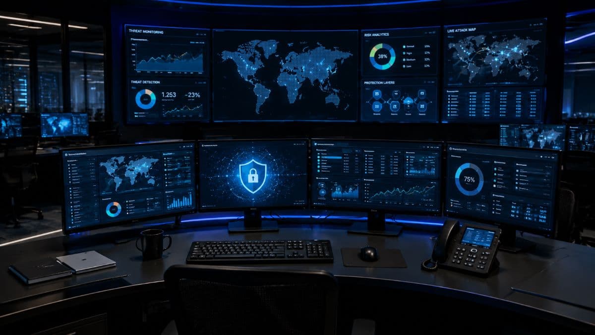 High-tech cybersecurity command center multiple screens
