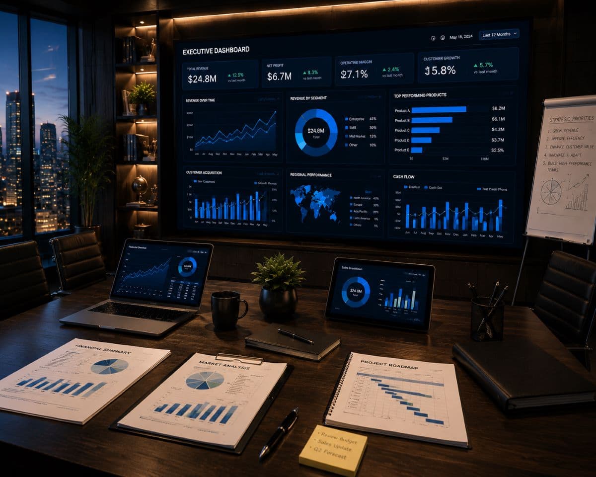 High-tech conference room with executive dashboard metrics