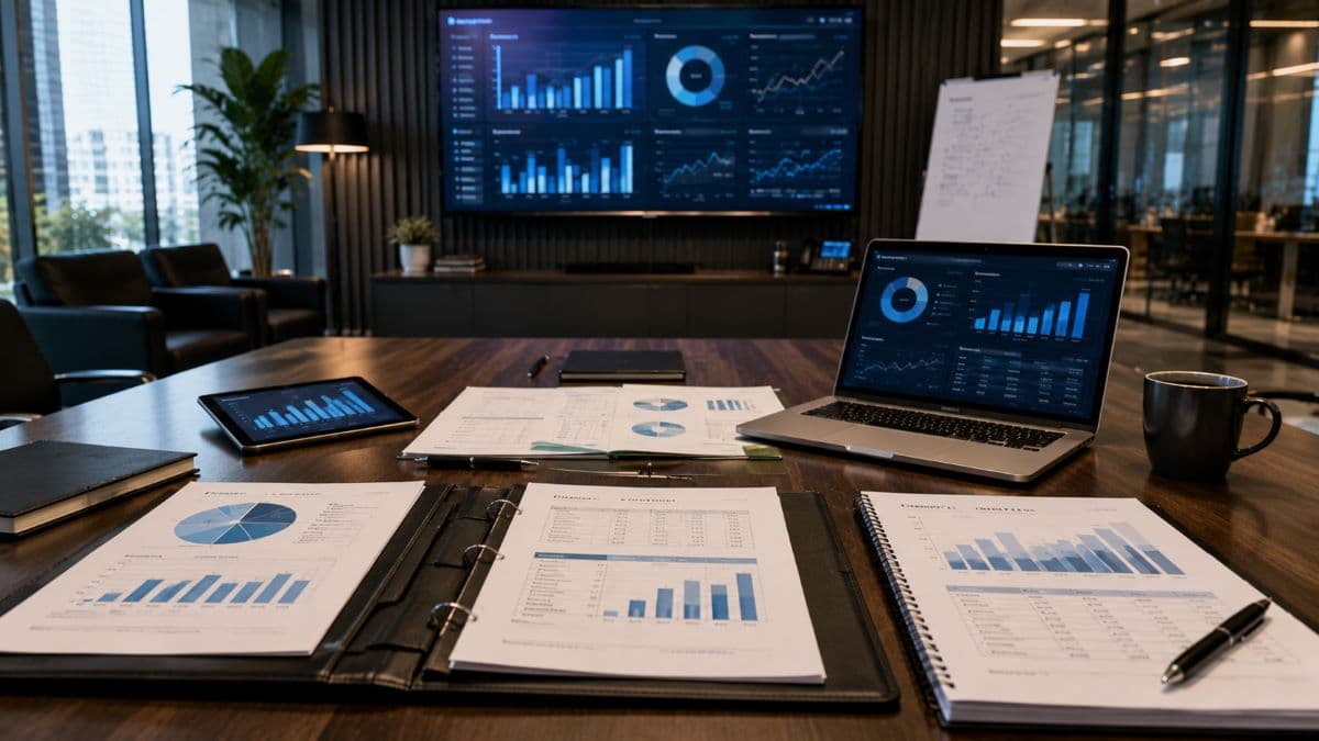 Modern conference room with financial reports dashboard