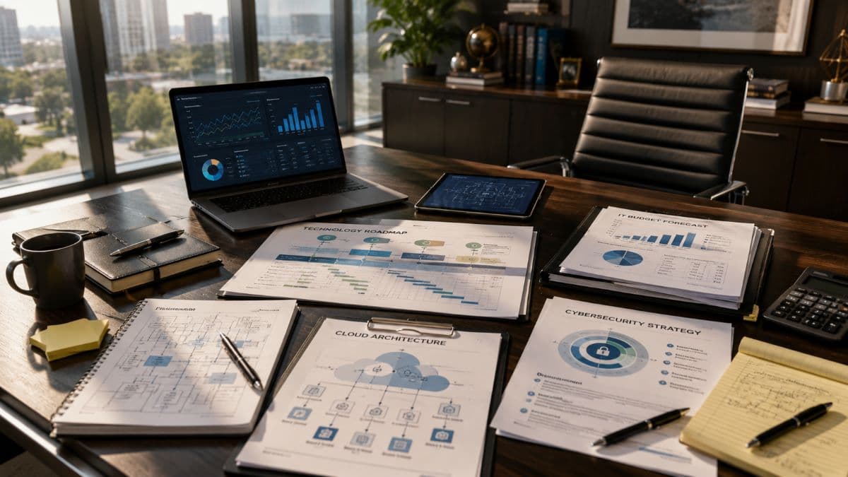 Executive desk with technology planning documents