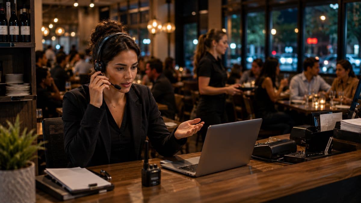 Restaurant manager receiving evening IT assistance
