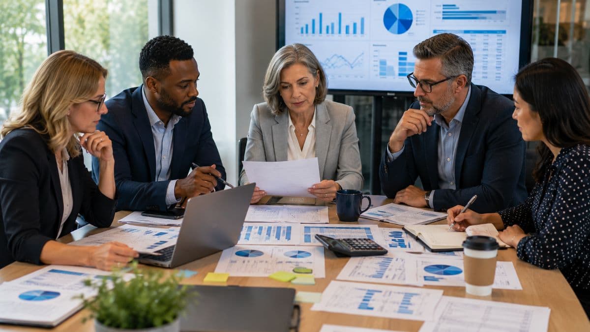 Association executives reviewing technology budget planning together