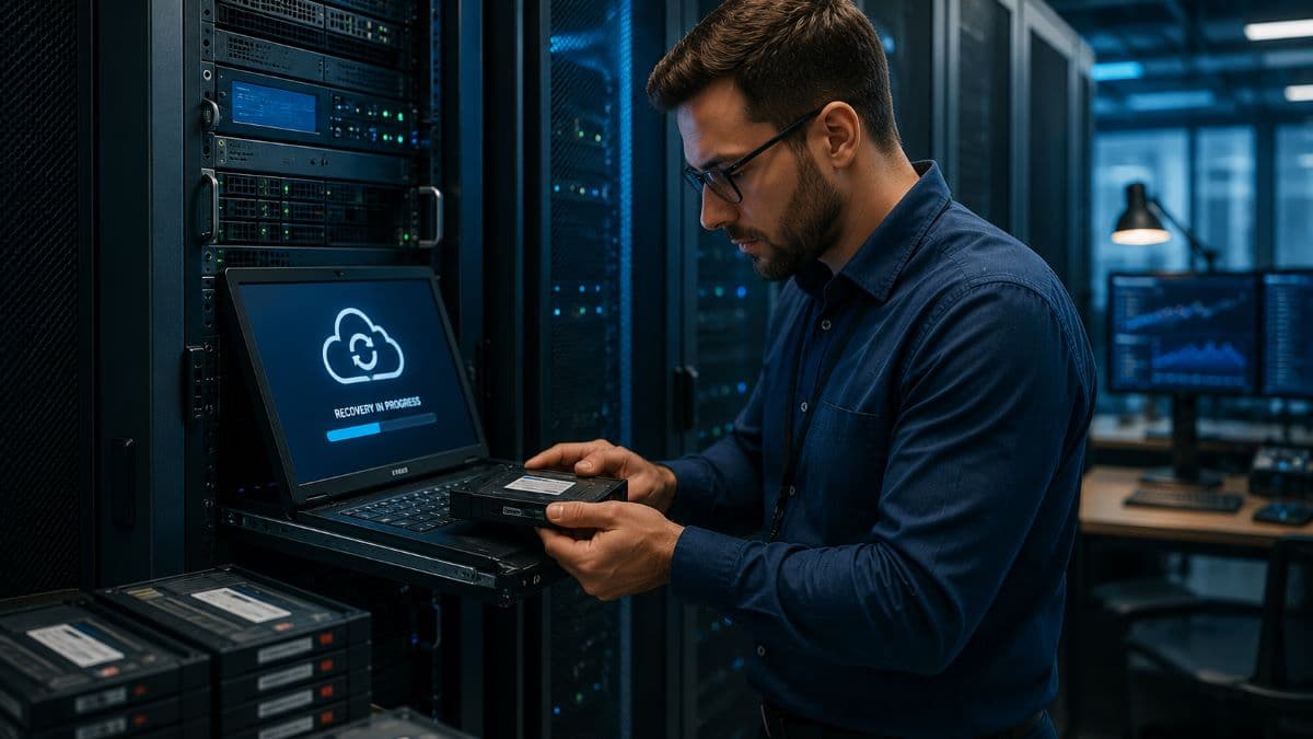 Technician testing secure backup recovery process