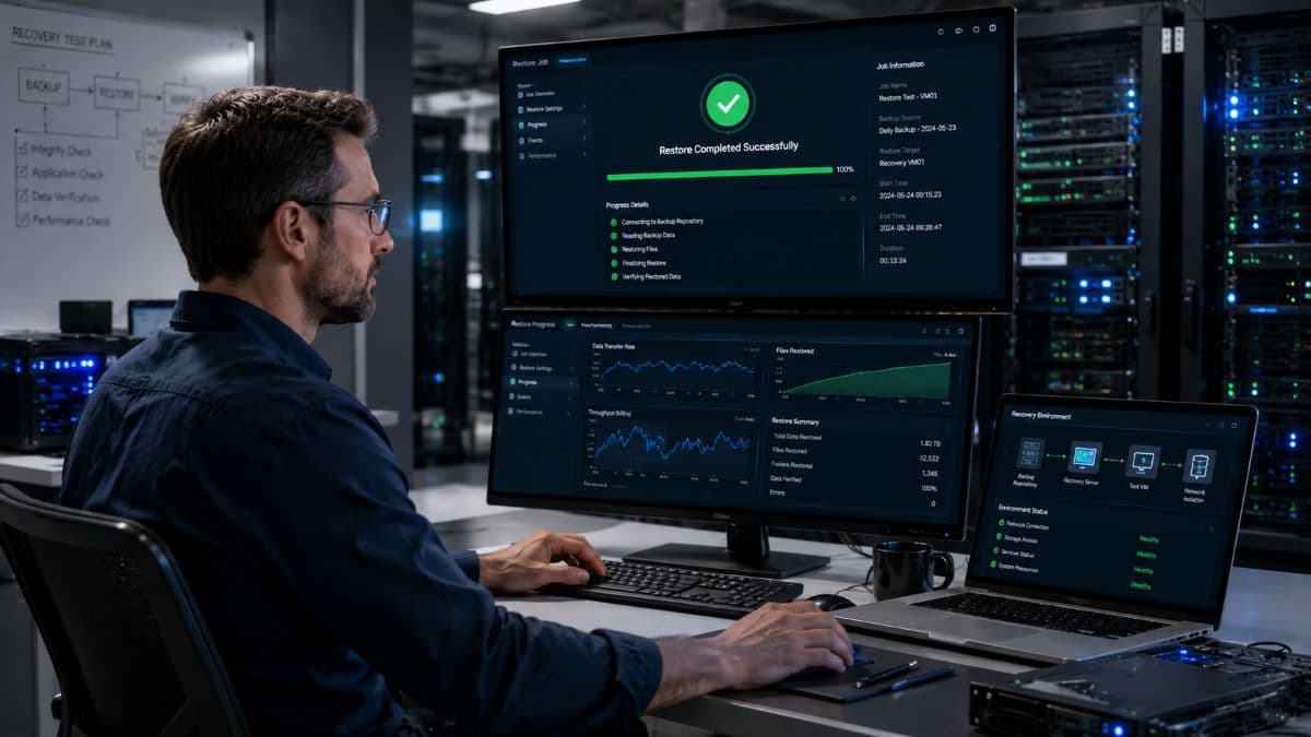 Engineer performing enterprise backup restoration test