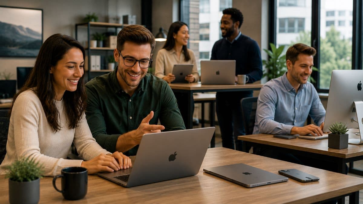 Productive team collaborating with Apple devices
