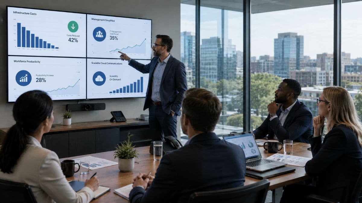 Executives reviewing UCaaS performance improvement metrics