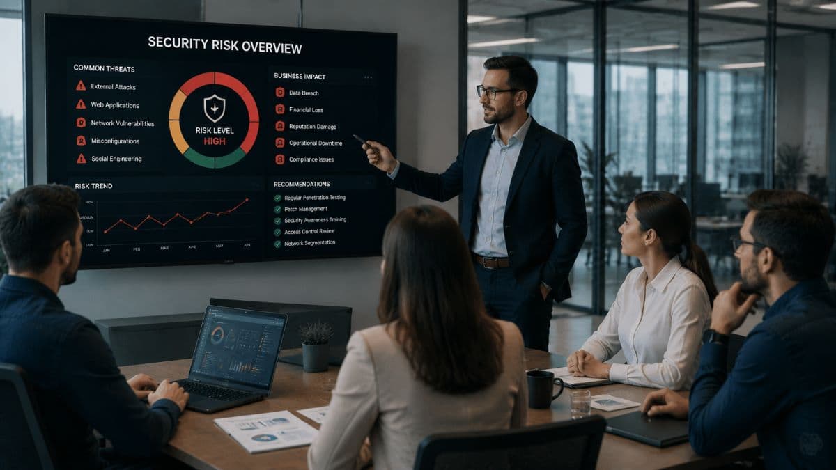 Business team reviewing cybersecurity risk presentation meeting