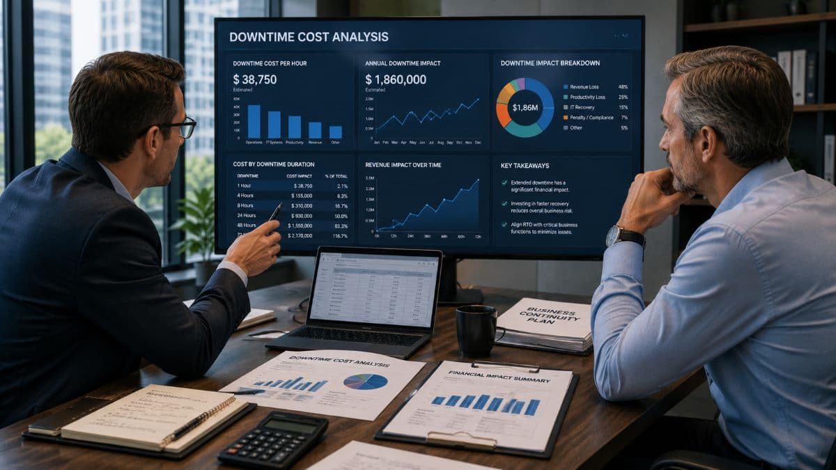 Business team analyzing downtime cost calculations