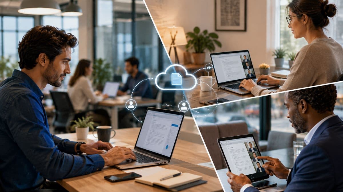 Remote employees collaborating on shared cloud documents