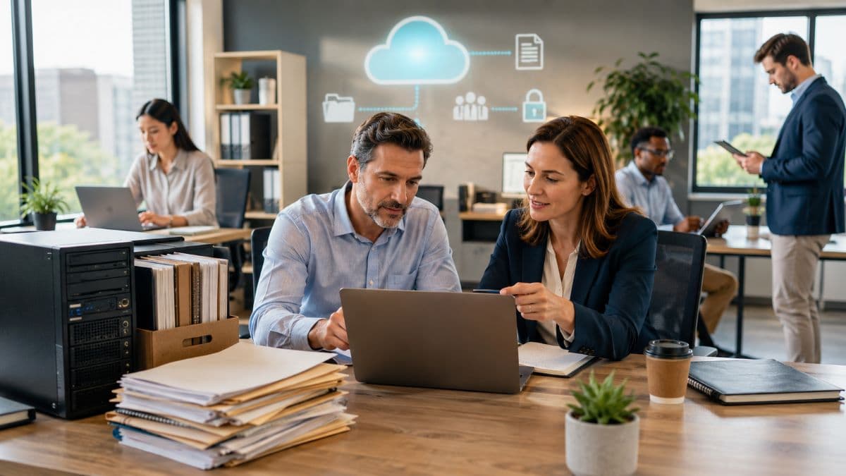 Business team adopting secure cloud document storage