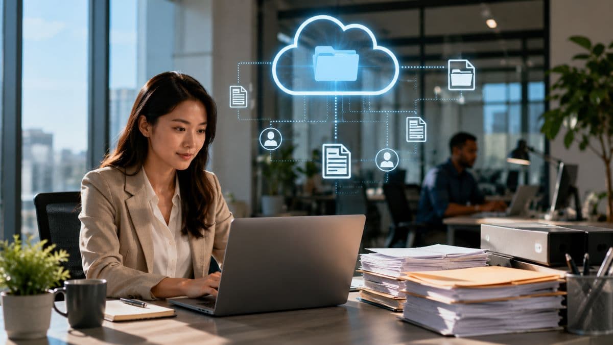 Employee accessing centralized cloud business documents securely