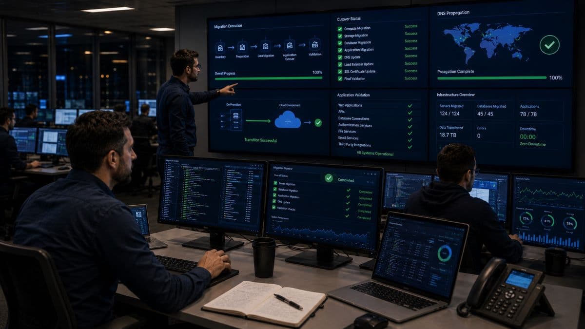 IT team executing cloud migration cutover