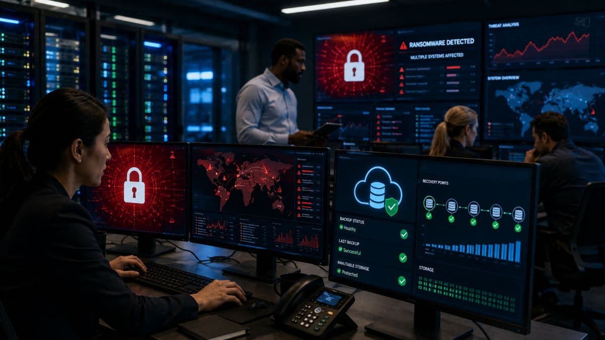 Cybersecurity team protecting cloud backups from ransomware