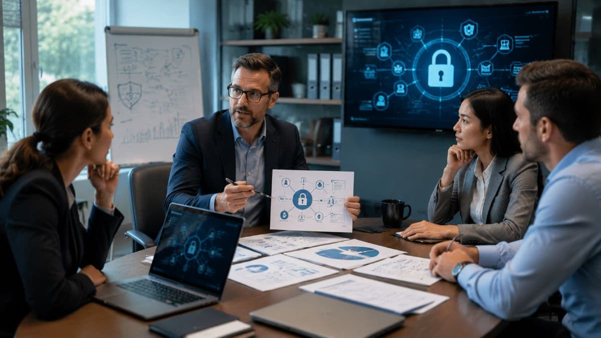 Explaining cybersecurity compliance in office discussion