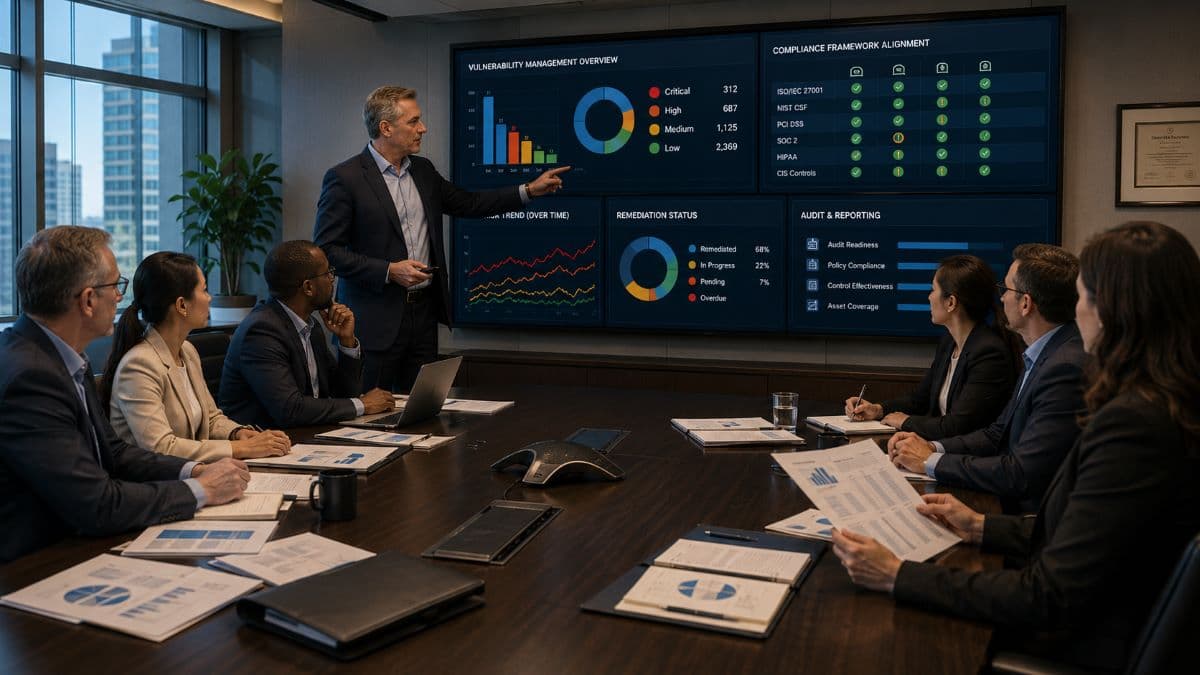 Compliance team reviewing vulnerability management reports