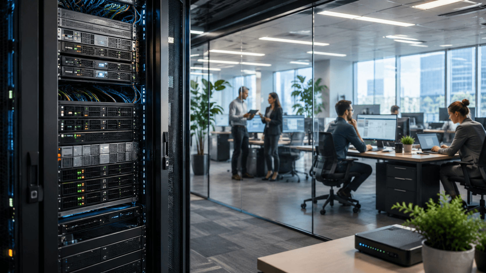 Modern business server room supporting office operations