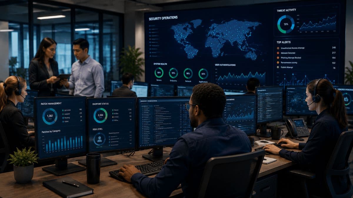 Security operations team continuously monitoring business infrastructure