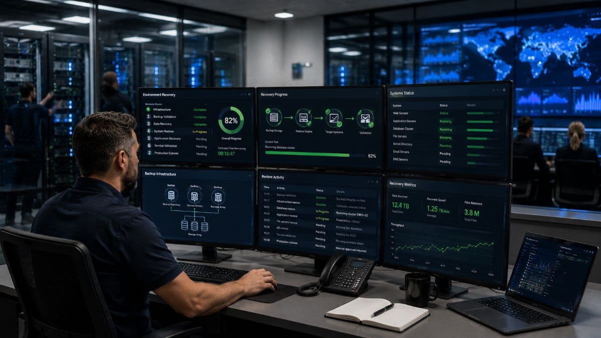 Enterprise recovery team restoring critical systems