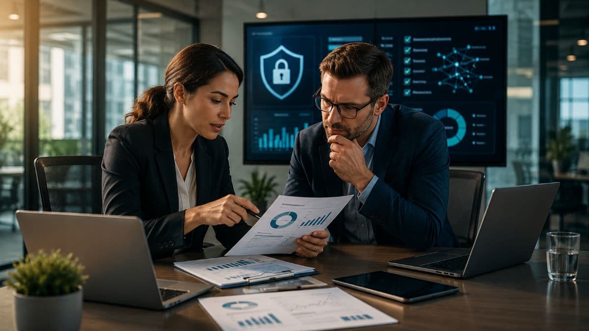 IT professionals reviewing cybersecurity audit findings together
