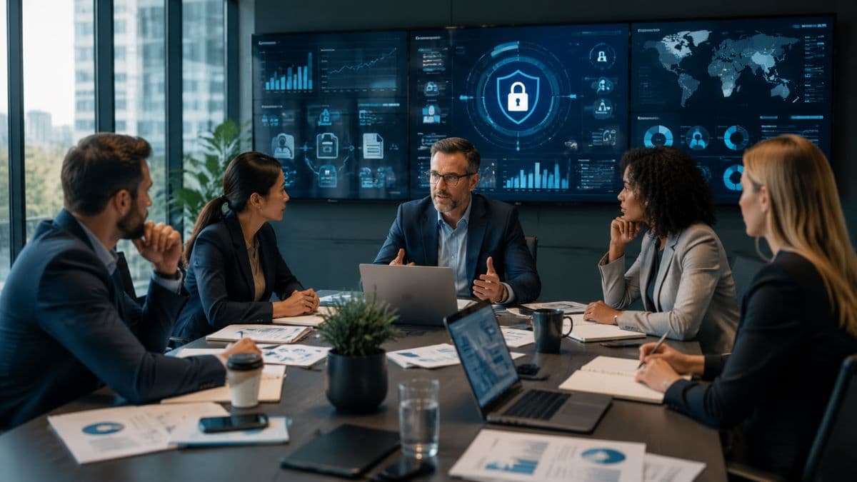 Cybersecurity compliance meeting in corporate boardroom