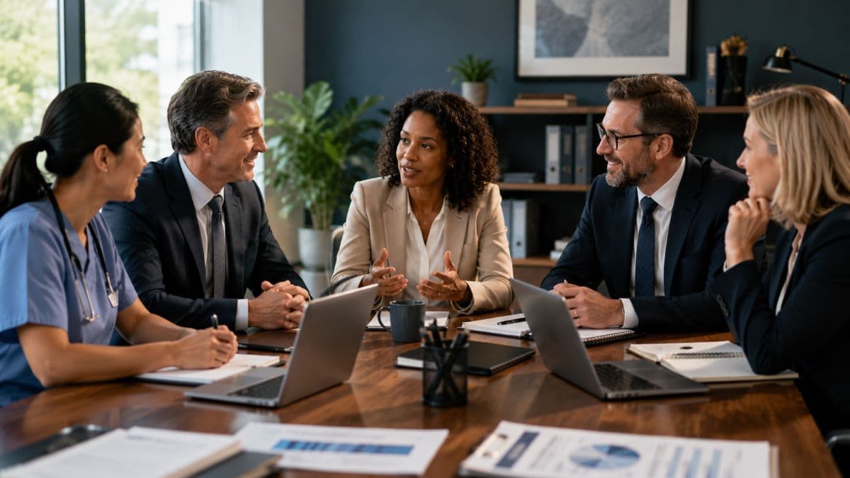 Diverse professionals discussing cybersecurity planning together