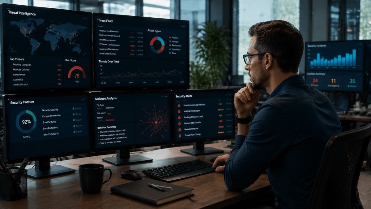 Analyst reviewing cybersecurity threat intelligence data