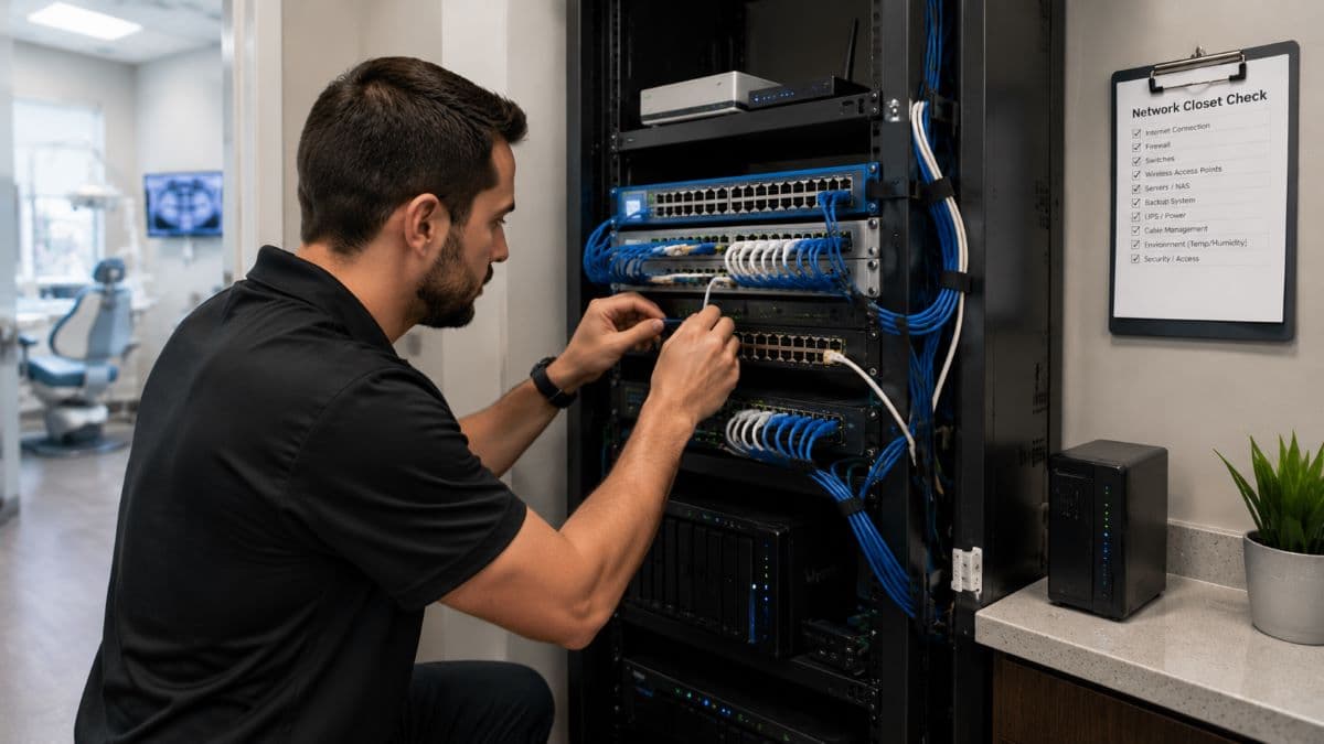 Technician organizing dental network server cables