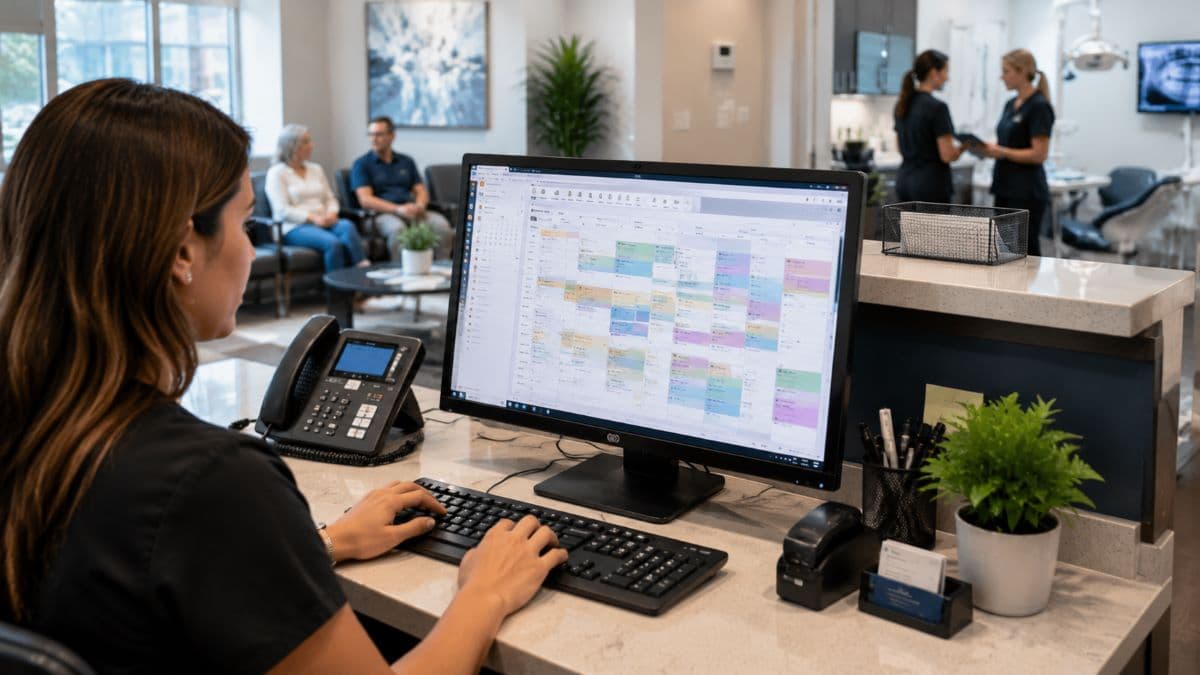 Receptionist using dental scheduling software interface