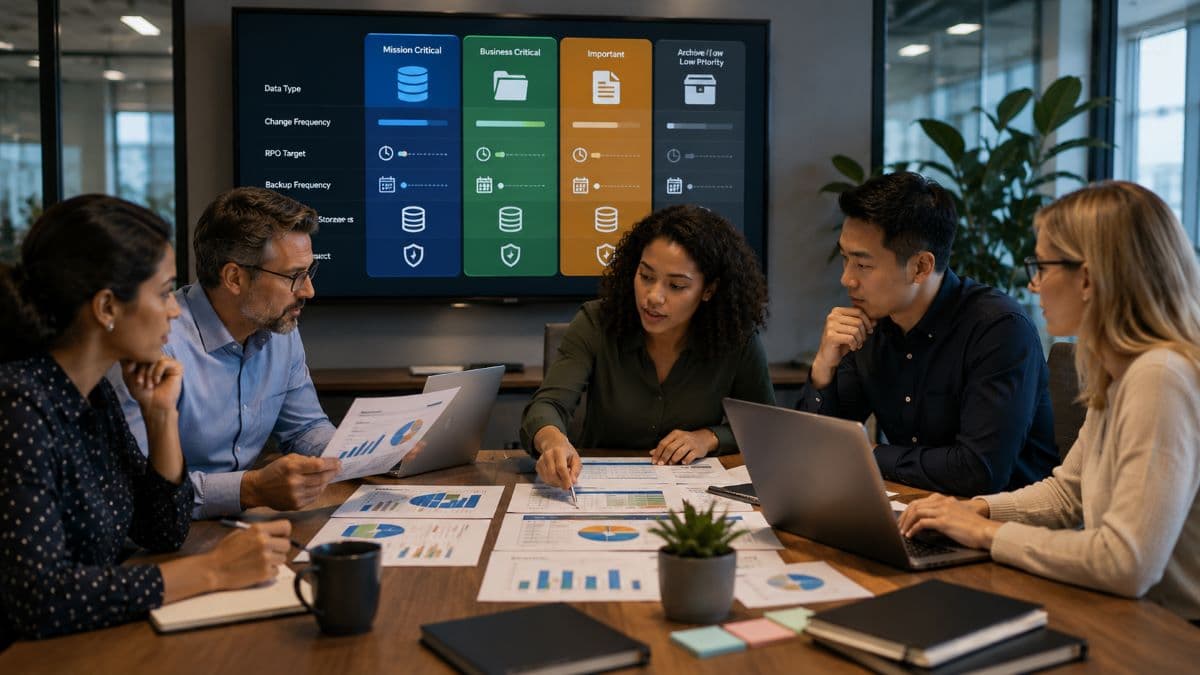 Business leaders evaluating backup priorities together