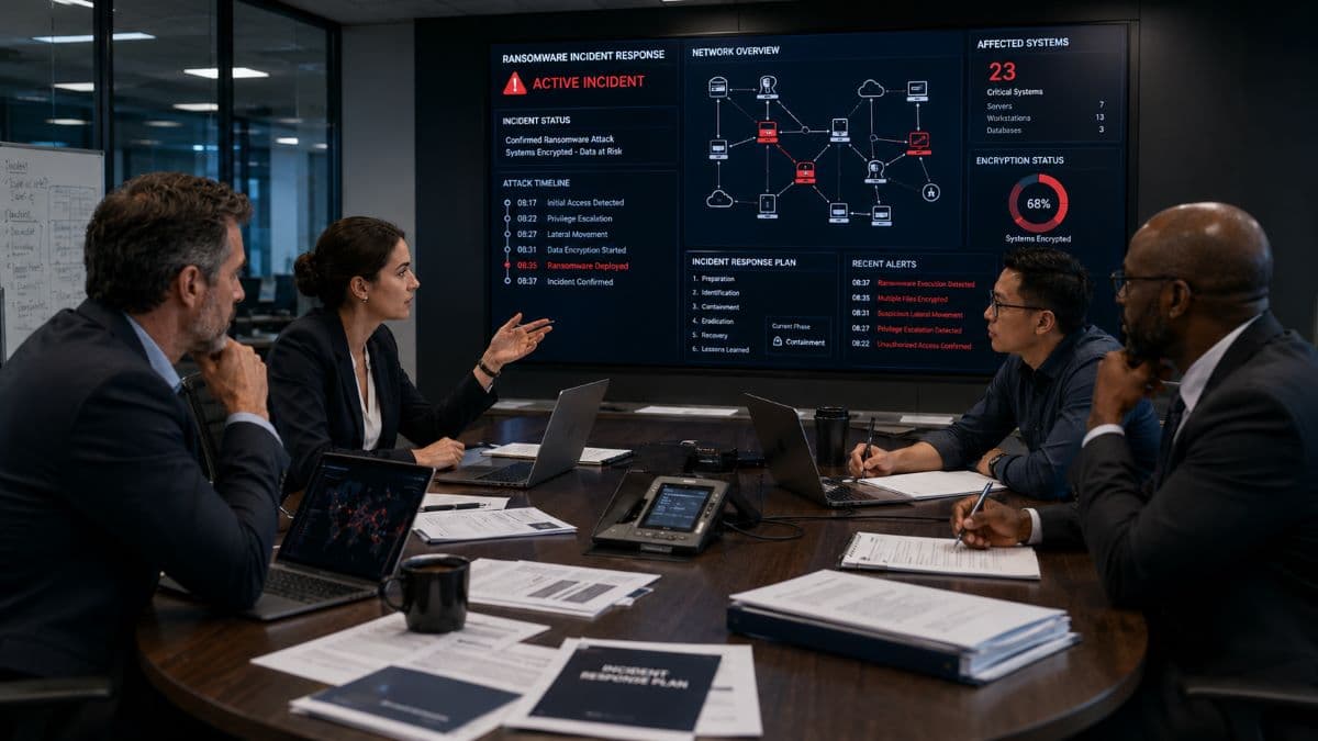 Team executives reviewing ransomware incident response data
