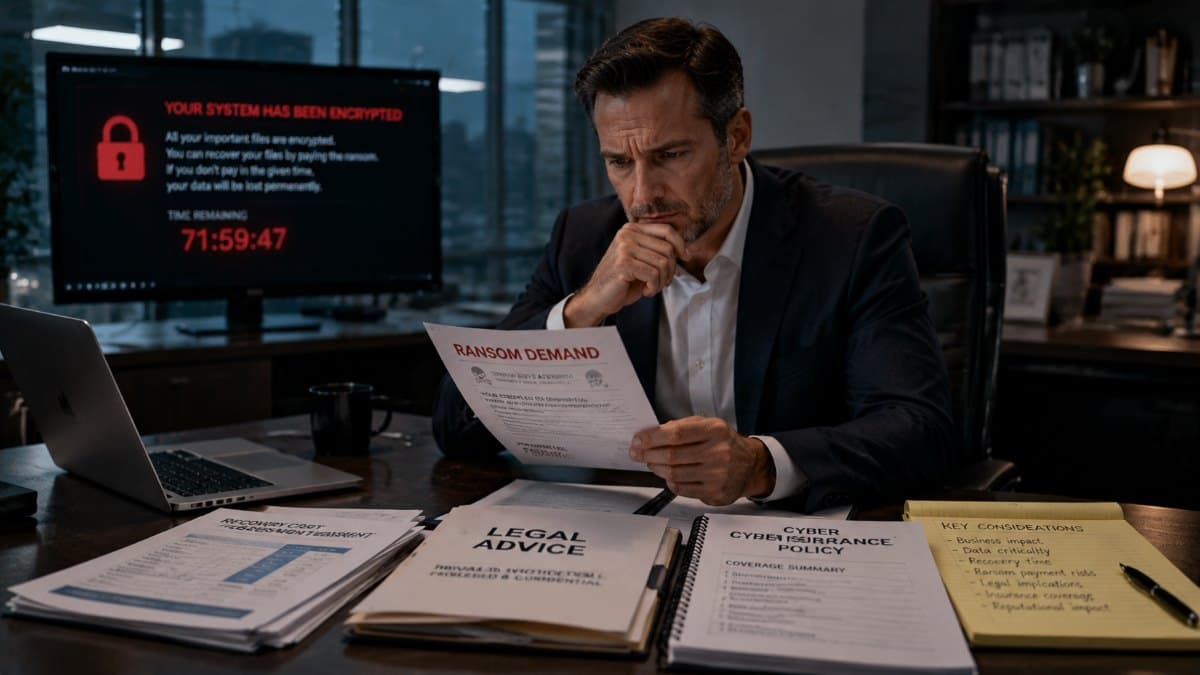 Business executive reviewing ransomware demand documents seriously