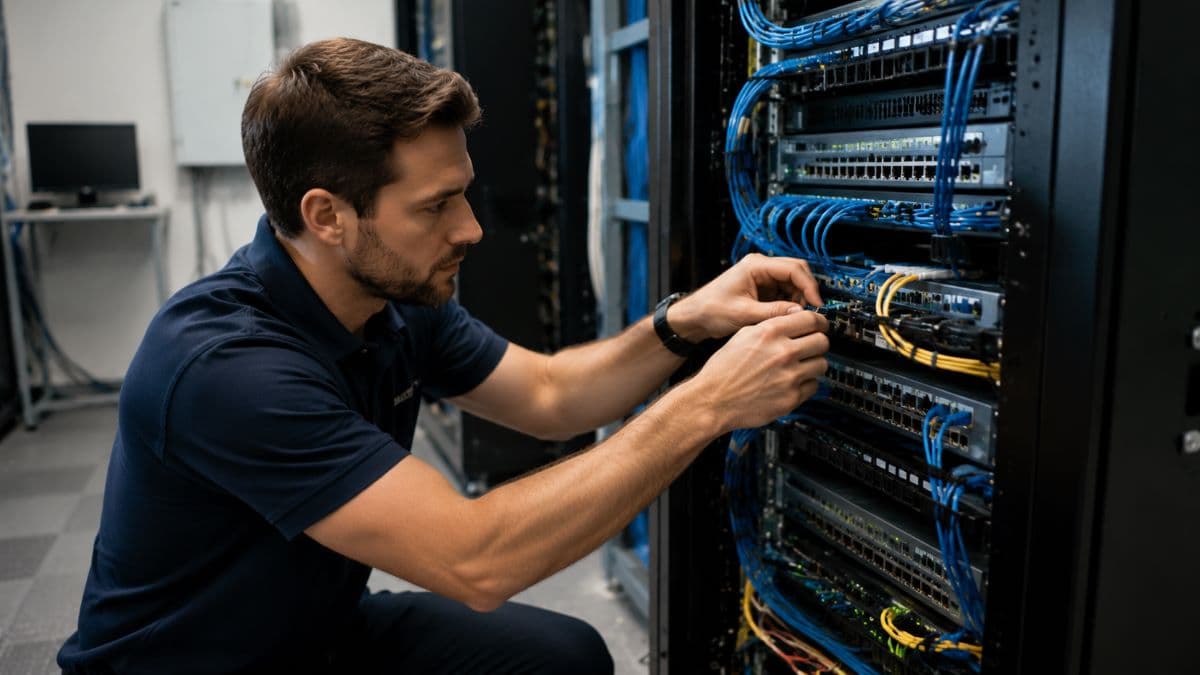 technician organizing network cables server rack
