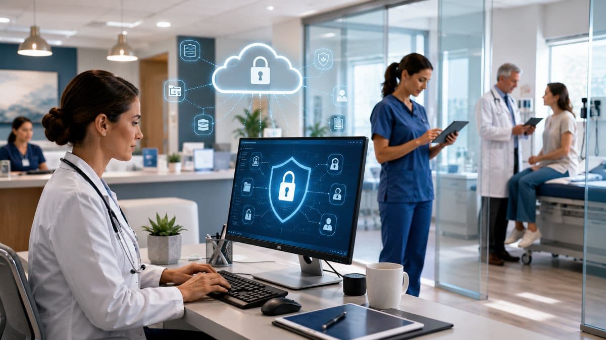 Medical staff accessing cloud healthcare records securely