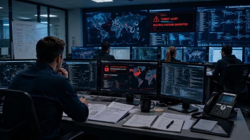 Ultra-realistic cybersecurity incident response operations room.